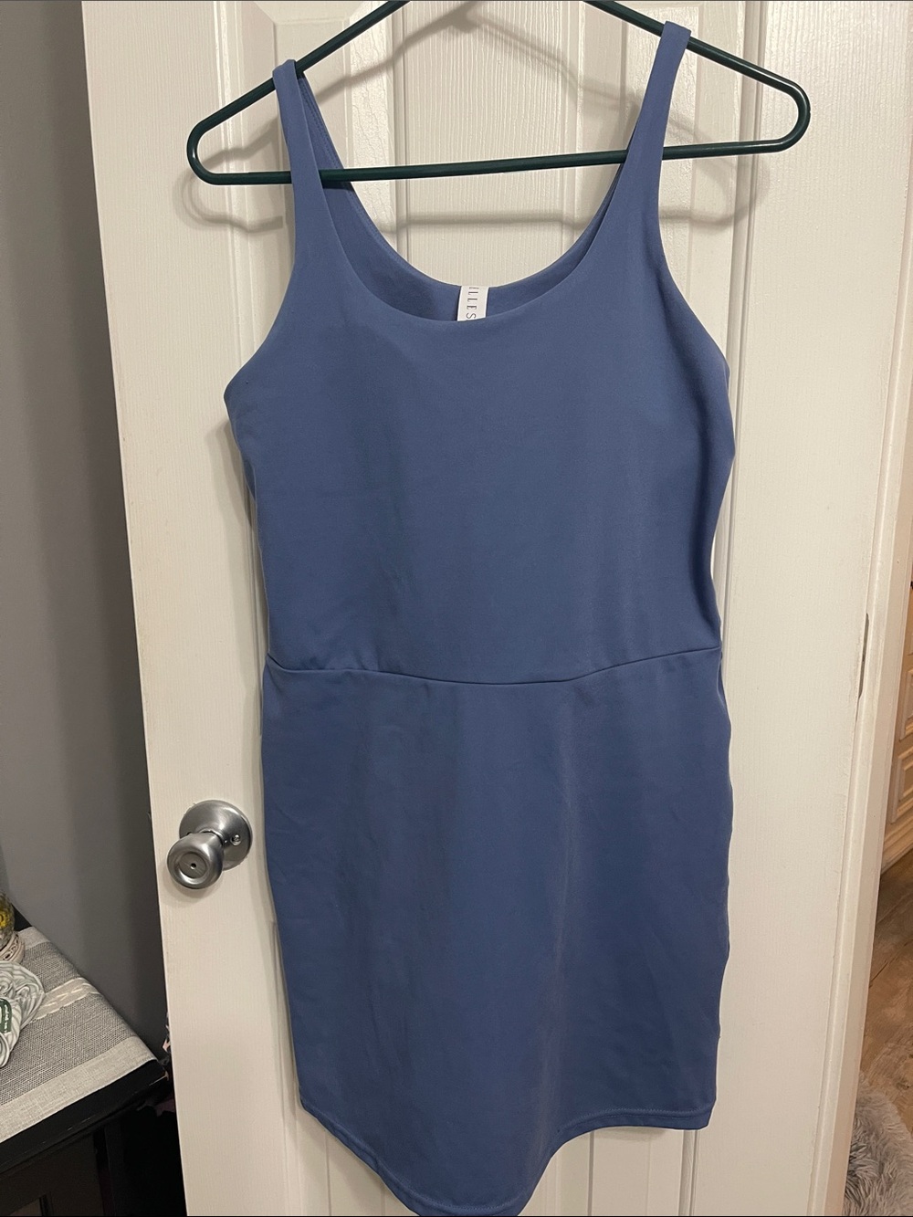 Elle Slate Blue Scoop Neck Mini athletic Dress with shorts.